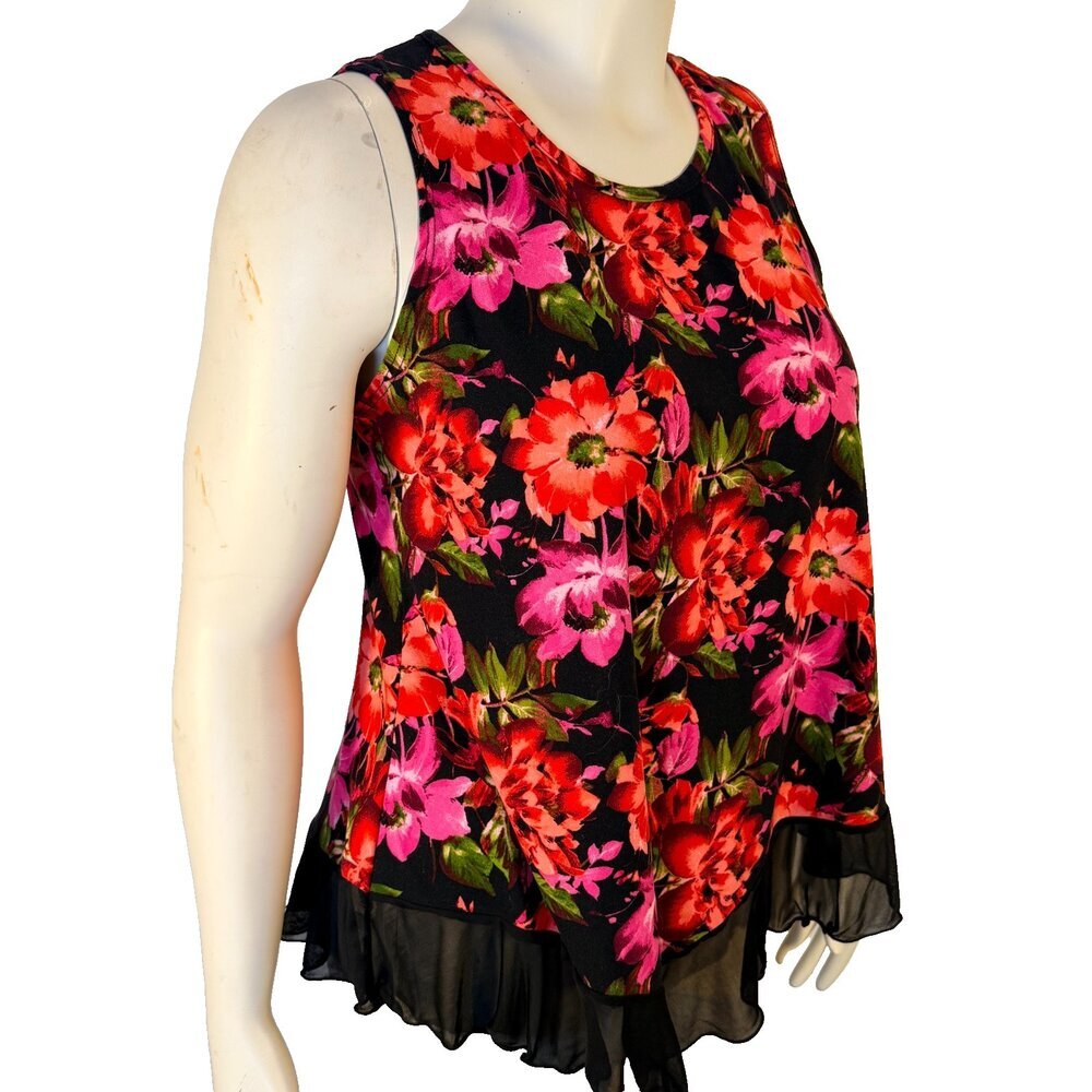 Star Vixen Sleeveless Top Womens XL Red Black Floral Chiffon Hem High Round Neck - Picture 5 of 13